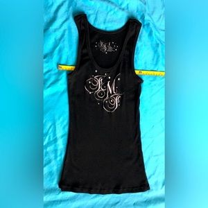 Y2k fmf black ribbed ribbed tank top with rhinestone accents.